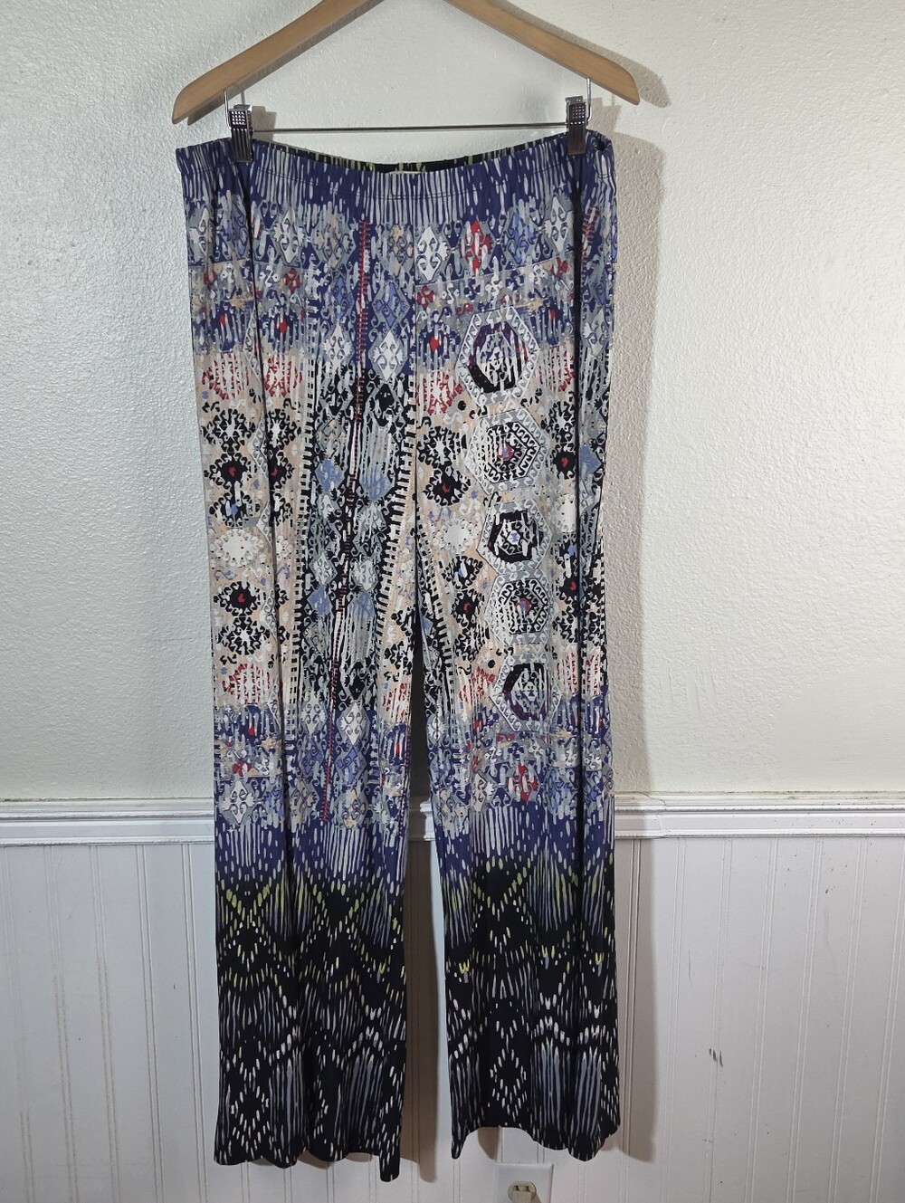 Live And Let Live Women 1X Boho Palazzo Pants Blue Tribal Print Wide Leg Stretch